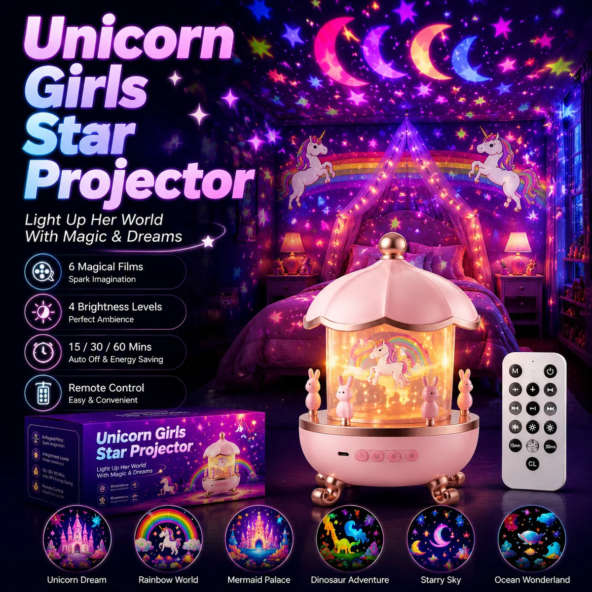 Kids Night Light Star Projector | Unicorn Girls Projector